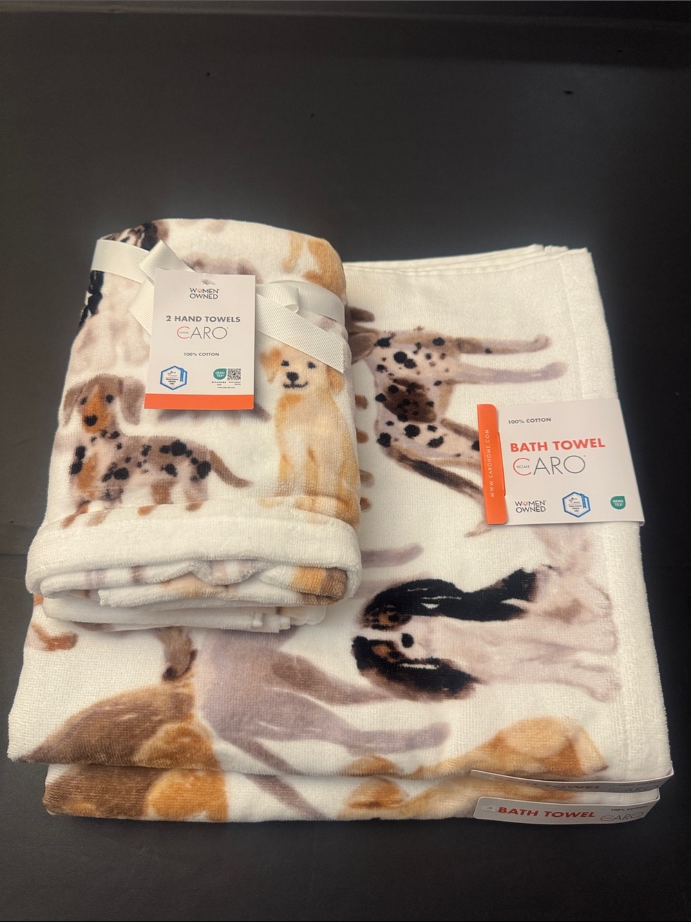 4pc CARO HOME 💯% Cotton Dog Print Pattern Bath Towel Set - Neutral/White